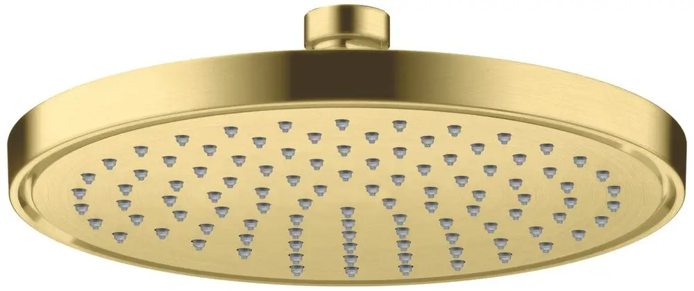 Kopfbrause in Brushed Brass von AXOR mit runder Form und gleichmäßig angeordneten Düsen für eine gleichmäßige Wasserverteilung.